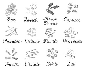 Hand drawn large set of different types of Italian pasta. Vector linear illustration.