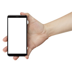 Hand holding black smartphone, isolated on white background