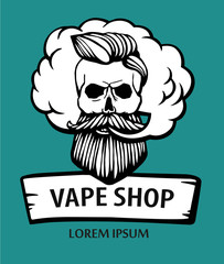 Hand-drawn hipster skull with mustache and beard. Man with vape and cloud. Electronic Cigarette. Vector.