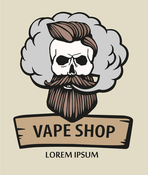 Hand-drawn hipster skull with mustache and beard. Man with vape and cloud. Electronic Cigarette. Vector.