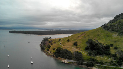 Aerial view of Mt Maunganui on a cloudy winter day, New Zealand