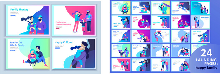 Set of Landing page templates happy family, travel and psychotherapy, family health care, goods entertainment for mother father and their children. Parents with daughter and son have fun togethers