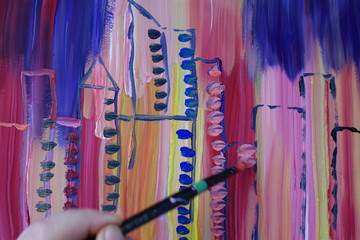 Abstract drawing painted with gouache. City and skyscrapers.