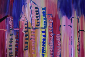 Abstract drawing painted with gouache. City and skyscrapers.