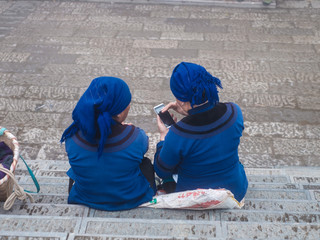 Old Ladies Using Smartphone In Rural Area