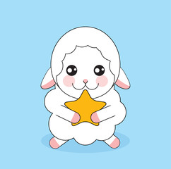 Cute cartoon sheep with gold star on blue