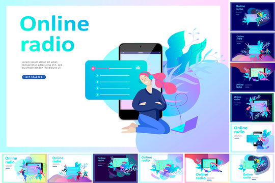 Concept of internet online radio streaming listening, people relax listen dance. Music applications, playlist online songs, radio station. Music blog, sound recording studio. Landing page template.