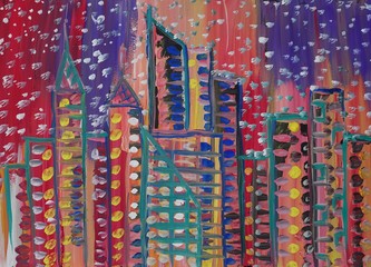 Abstract drawing painted with gouache. City and skyscrapers.