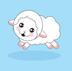 Cute cartoon sheep run on blue background. the lamb