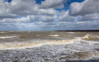 Ryde beach and pier at high tide in strong winds