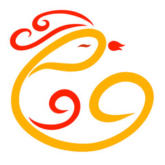 yellow bird of curls with a red tuft, abstract