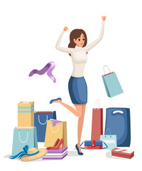 Colorful shopping paper bags. Happy women on white shirt and blue skirt. Cartoon character design. Full shopping bags, discount concept. Bags for clothes. Flat vector illustration on white background