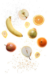 Dieta owocowa.  Pomarańcza, gruszka jabłko, banan nasiona chia i siemię lniane na białym tle - obrazy, fototapety, plakaty