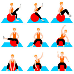 Set of young girls doing exercises in the gym. Beautiful young woman doing exercises with ball. Full color flat vector illustration. 
