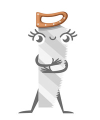 Saw with wooden handle, mascot. Cartoon character design. Crosscut hand saw with long steel blade. Tool for cutting wood. Flat vector illustration isolated on white background