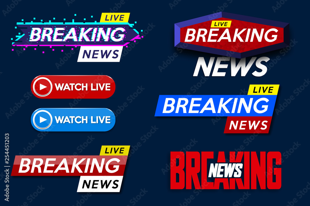 Wall mural Set banner for Breaking News template title on blue background for screen TV channel. Background screen saver on breaking news. Vector illustration.