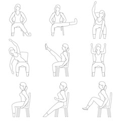 Set of young girls doing exercises in the gym. Beautiful woman doing exercises with chair. Flat vector illustration.  Line design.
