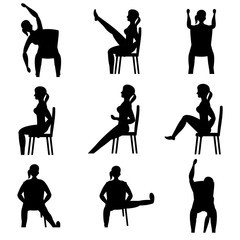 Set of young girls doing exercises in the gym. Beautiful woman doing exercises with chair. Flat vector illustration. Black silhouette.
