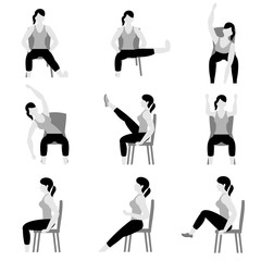 Set of young girls doing exercises in the gym. Beautiful woman doing exercises with chair. Grayscale flat vector illustration. 