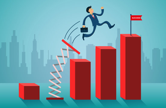 business finance concept. Businessmen jumping from springboard go to flag red on bar graph. creative idea. illustration cartoon vector