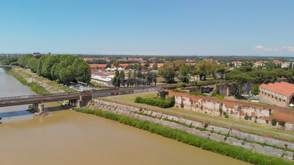 Aerial view of Pisa from the sky. Tuscany cityscape on a sunny day