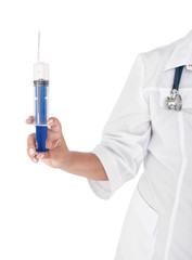 Woman doctor hand holding syringe isolated on white