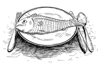 Cartoon drawing illustration of fish food on dinner plate.