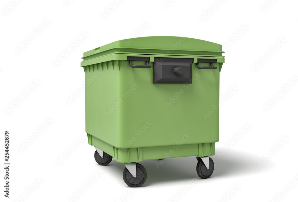 Poster 3d rendering of green trash bin isolated on white background