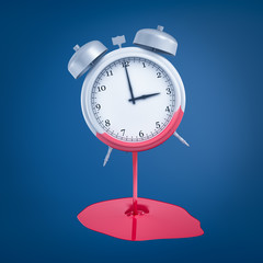 3d rendering of silver alarm clock with pink paint melting off on blue background