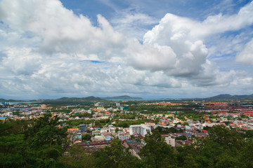 Fototapeta na wymiar Bird eye view of Phuket cityscape with blue sky background, Thailand