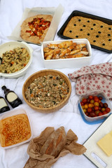 Picnic blanket with various food: bread, buckwheat and vegetable salad, hummus, cheese, cherry tomatoes, pastry, focaccia and galette. Selective focus.