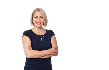 Fototapeta premium Happy woman emotionally posing in studio. Middle aged woman on white background