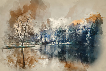 Watercolor painting of False color lake landscape with calm relfection
