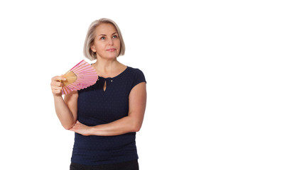 Happy woman emotionally posing in studio. Middle aged woman on white background