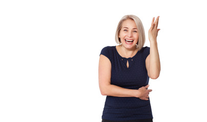 Obraz na płótnie Canvas Happy woman emotionally posing in studio. Middle aged woman on white background