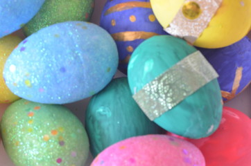 Colorful bright easter egg background, multi-colored balls. out of focus, blurry