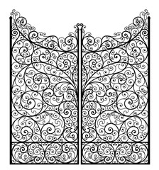 Vector illustration of outline detailed wrought iron gate, isolated on white background. 
