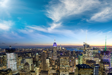 New York sunset colors. Manhattan skyline aerial view