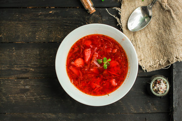 red tomato soup with vegetables (vegetarian food without meat) first course. top.  food background. copy space