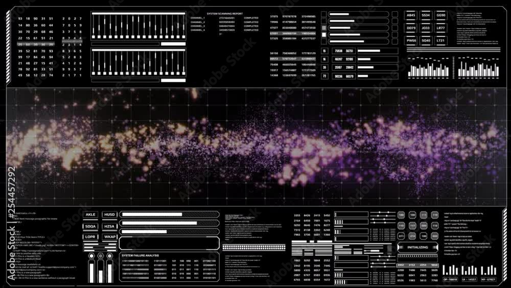 Fototapete HUD Futuristic Hi Technology Program Data Binary Code Screen Display Elements Background. Cyberspace Glow Plasma Particle Holographic Form Slow Swirl Seamless Loop In Mystery Galaxy Animation.