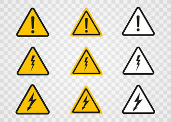 Danger symbol. Triangle on transparent background. Warning sign High voltage, danger. Vector illustration - obrazy, fototapety, plakaty