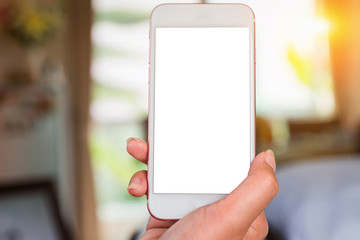Hand hold smartphone and white blank with sunlight of sunset for free space, input text caption and montage concept.
