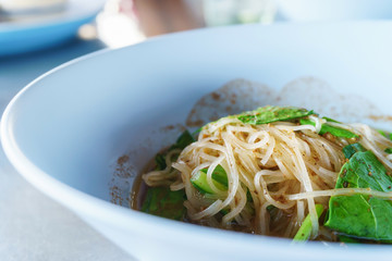 Thai flavor style food of boat noodle with black soup