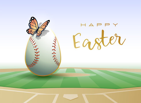 Happy Easter. Easter egg in the form of a baseball ball with Butterfly. Vector illustration.