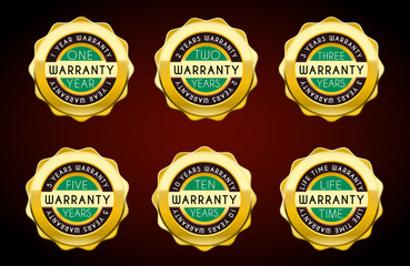 one year to five years warranty golden badges set. Guarantee labels