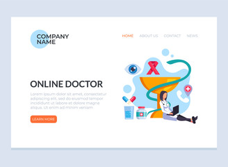 Woman doctor giving consultation online to patient by laptop internet. Online digital modern medicine concept. Vector flat cartoon graphic design banner poster web page illustration