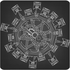 Disassembled radial engine on a gray