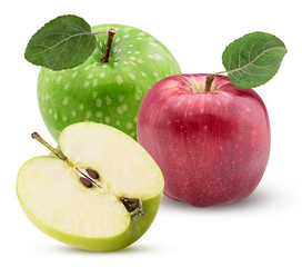 Red and green apples one cut in half with leaf