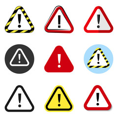 Danger sign, warning sign, attention signs collection. Danger icon, warning icon, attention icon.