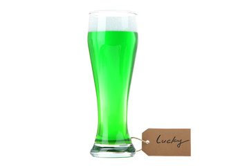 St. Patrick's Day. Green beer and paper card with text Lucky isolated on white background